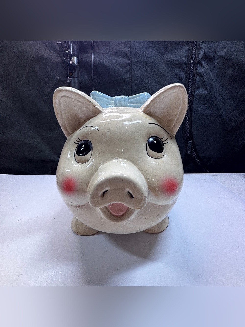 Vtg Ceramic Pottery Pig Piggy Bank  1940s 50s Large Blue Bow Grandma Country